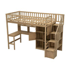 Cama alta individual de madera maciza con escritorio integrado, cama alta LED con estantes de almacenamiento, armarios y escalera, barandilla de longitud completa