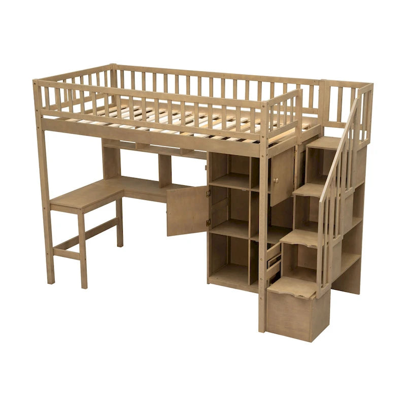 Cama alta individual de madera maciza con escritorio integrado, cama alta LED con estantes de almacenamiento, armarios y escalera, barandilla de longitud completa