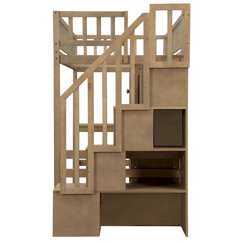 Cama alta individual de madera maciza con escritorio integrado, cama alta LED con estantes de almacenamiento, armarios y escalera, barandilla de longitud completa