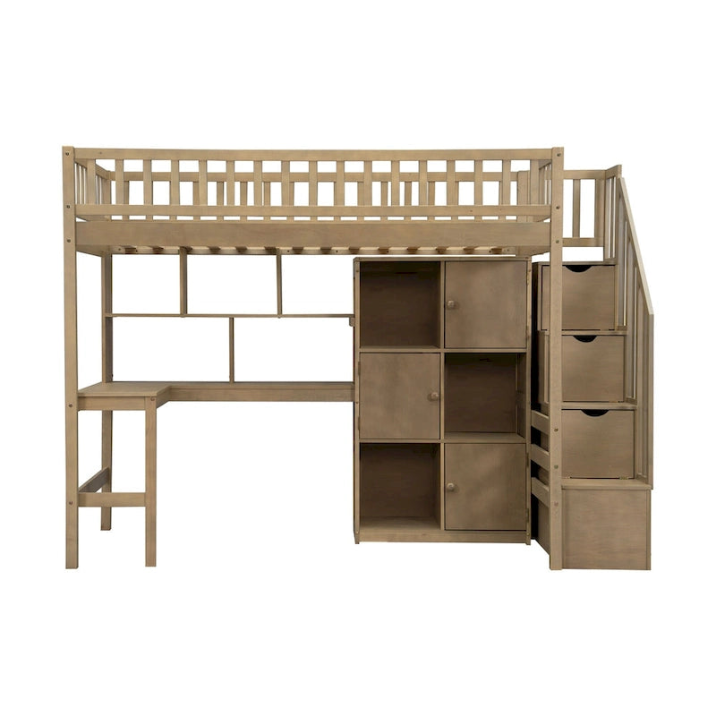Cama alta individual de madera maciza con escritorio integrado, cama alta LED con estantes de almacenamiento, armarios y escalera, barandilla de longitud completa