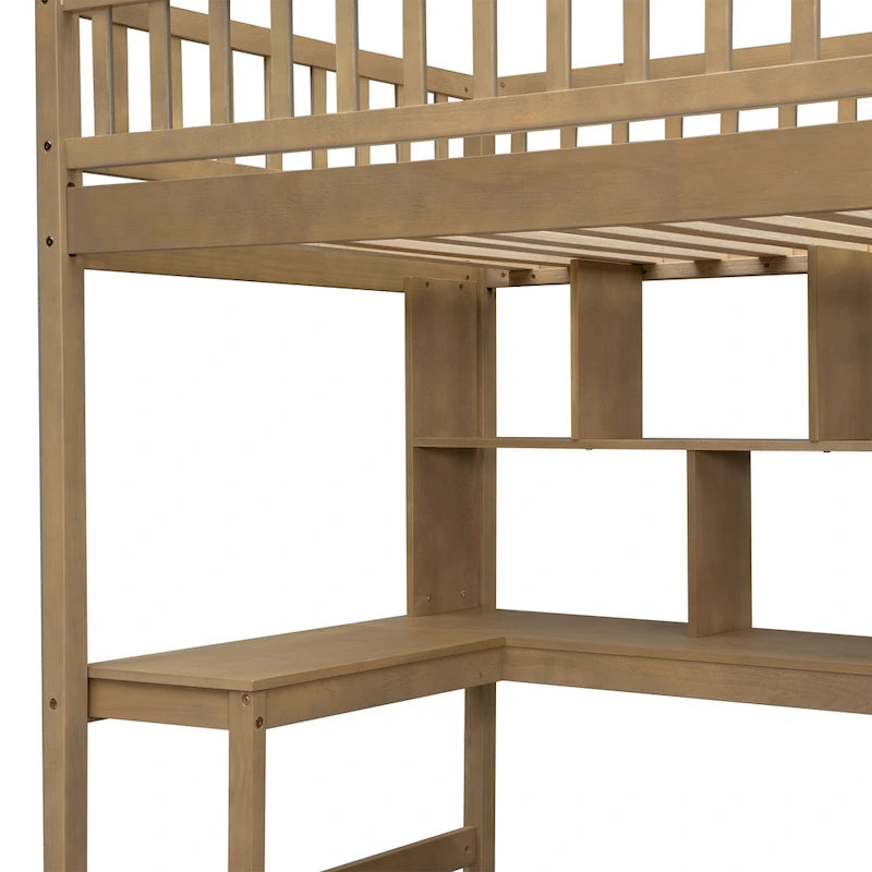 Cama alta individual de madera maciza con escritorio integrado, cama alta LED con estantes de almacenamiento, armarios y escalera, barandilla de longitud completa