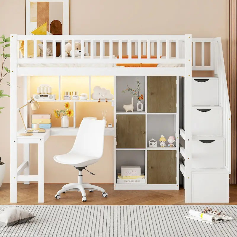 Cama alta individual de madera maciza con escritorio integrado, cama alta LED con estantes de almacenamiento, armarios y escalera, barandilla de longitud completa