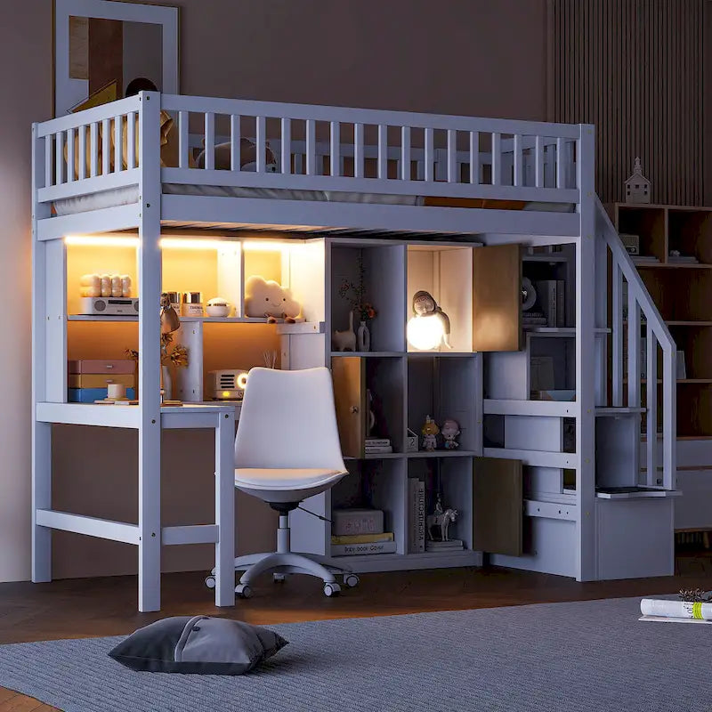Cama alta individual de madera maciza con escritorio integrado, cama alta LED con estantes de almacenamiento, armarios y escalera, barandilla de longitud completa