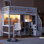 Cama alta individual de madera maciza con escritorio integrado, cama alta LED con estantes de almacenamiento, armarios y escalera, barandilla de longitud completa