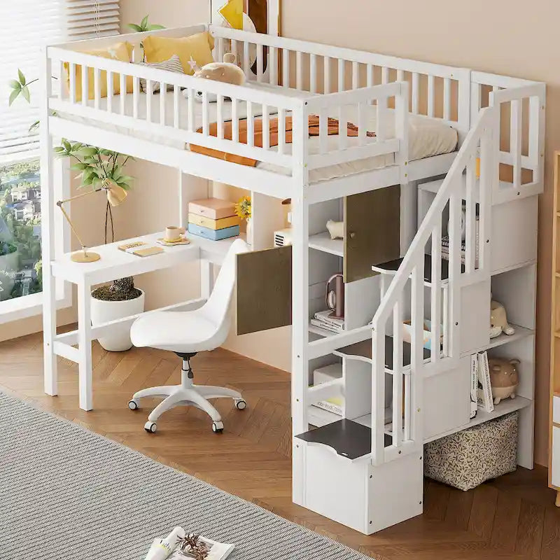Cama alta individual de madera maciza con escritorio integrado, cama alta LED con estantes de almacenamiento, armarios y escalera, barandilla de longitud completa