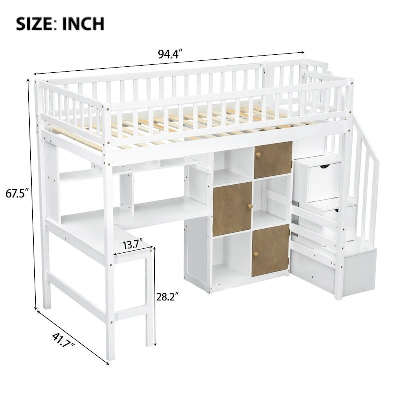 Cama alta individual de madera maciza con escritorio integrado, cama alta LED con estantes de almacenamiento, armarios y escalera, barandilla de longitud completa