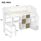 Cama alta individual de madera maciza con escritorio integrado, cama alta LED con estantes de almacenamiento, armarios y escalera, barandilla de longitud completa