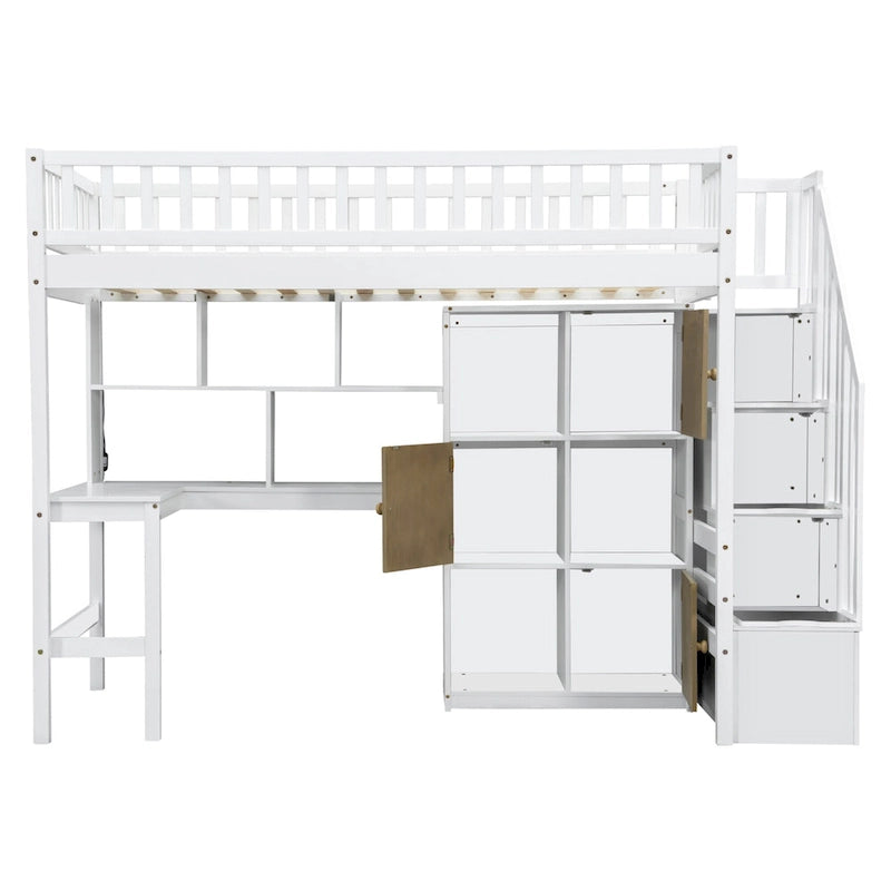 Cama alta individual de madera maciza con escritorio integrado, cama alta LED con estantes de almacenamiento, armarios y escalera, barandilla de longitud completa