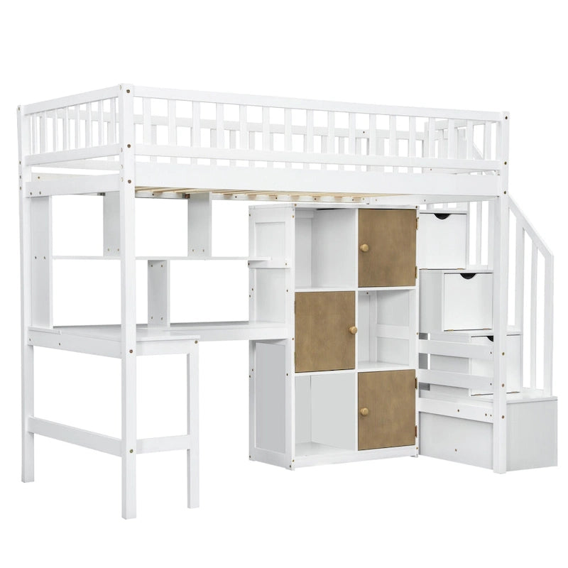 Cama alta individual de madera maciza con escritorio integrado, cama alta LED con estantes de almacenamiento, armarios y escalera, barandilla de longitud completa