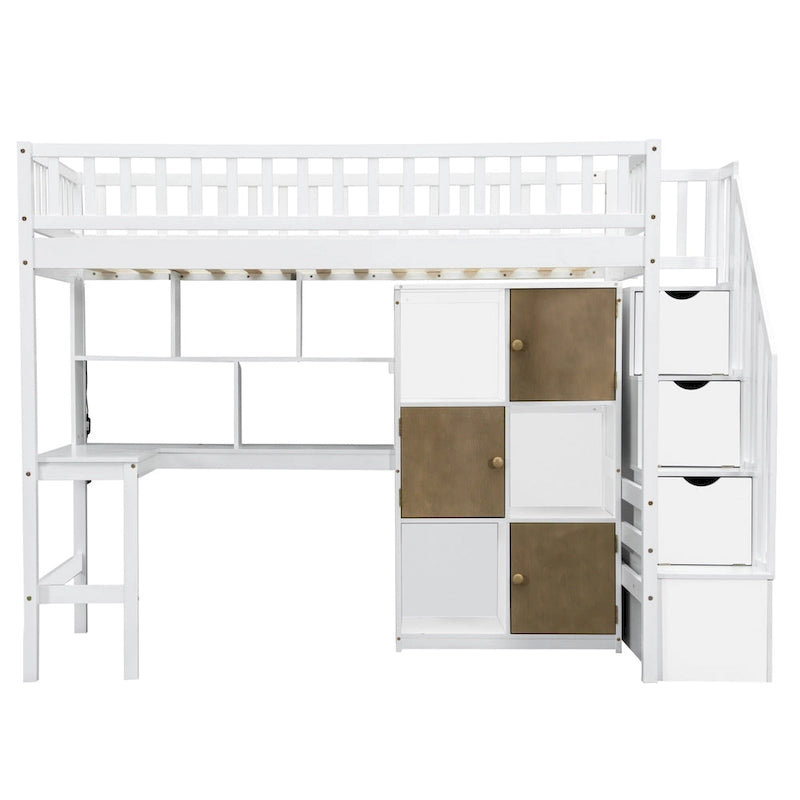 Cama alta individual de madera maciza con escritorio integrado, cama alta LED con estantes de almacenamiento, armarios y escalera, barandilla de longitud completa