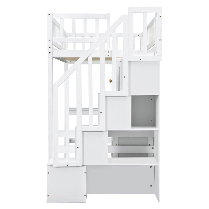 Cama alta individual de madera maciza con escritorio integrado, cama alta LED con estantes de almacenamiento, armarios y escalera, barandilla de longitud completa