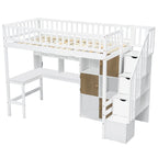Cama alta individual de madera maciza con escritorio integrado, cama alta LED con estantes de almacenamiento, armarios y escalera, barandilla de longitud completa