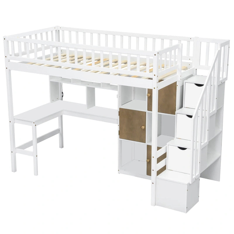 Cama alta individual de madera maciza con escritorio integrado, cama alta LED con estantes de almacenamiento, armarios y escalera, barandilla de longitud completa