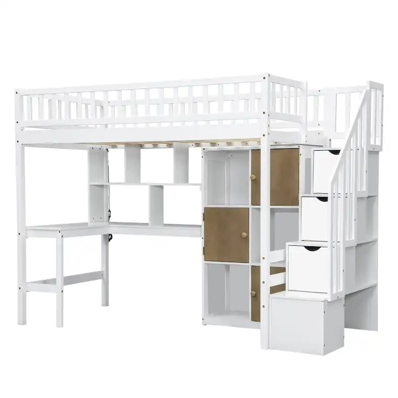 Cama alta individual de madera maciza con escritorio integrado, cama alta LED con estantes de almacenamiento, armarios y escalera, barandilla de longitud completa