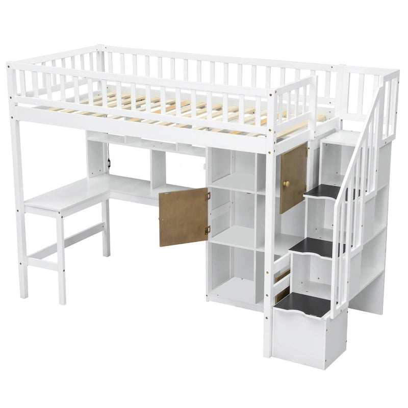Cama alta individual de madera maciza con escritorio integrado, cama alta LED con estantes de almacenamiento, armarios y escalera, barandilla de longitud completa