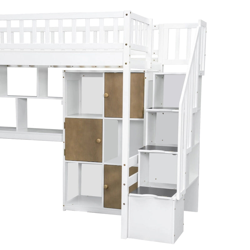 Cama alta individual de madera maciza con escritorio integrado, cama alta LED con estantes de almacenamiento, armarios y escalera, barandilla de longitud completa