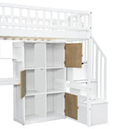 Cama alta individual de madera maciza con escritorio integrado, cama alta LED con estantes de almacenamiento, armarios y escalera, barandilla de longitud completa