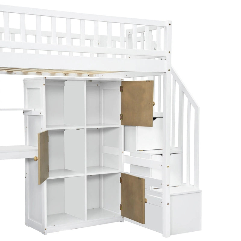 Cama alta individual de madera maciza con escritorio integrado, cama alta LED con estantes de almacenamiento, armarios y escalera, barandilla de longitud completa
