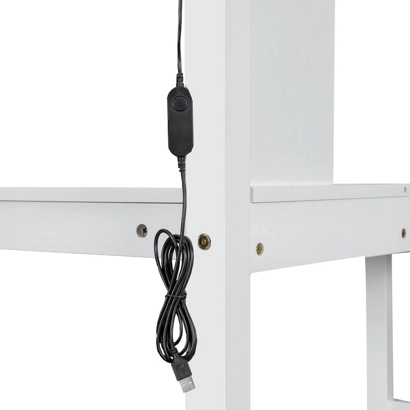 Cama alta individual de madera maciza con escritorio integrado, cama alta LED con estantes de almacenamiento, armarios y escalera, barandilla de longitud completa