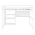 Cama alta matrimonial con escritorio, estantes de 3 niveles y tablero para escribir, cama de madera con escalera y barandillas de seguridad