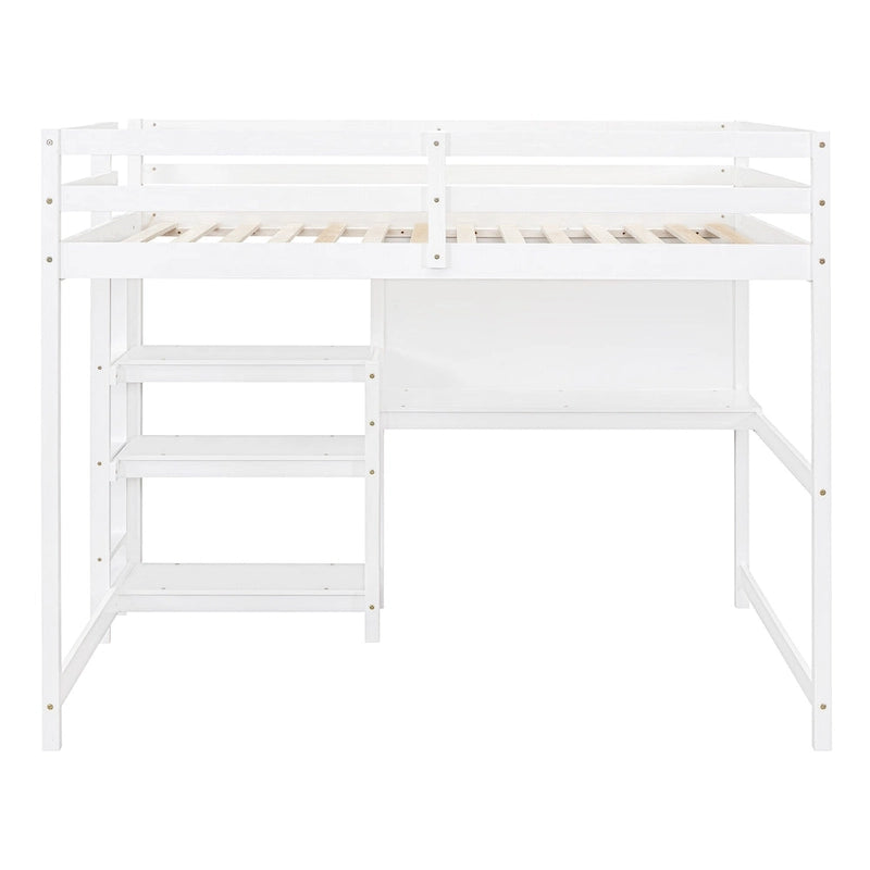 Cama alta matrimonial con escritorio, estantes de 3 niveles y tablero para escribir, cama de madera con escalera y barandillas de seguridad