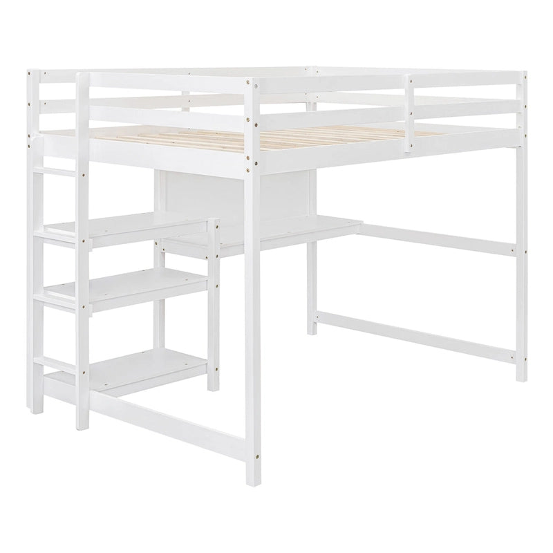 Cama alta matrimonial con escritorio, estantes de 3 niveles y tablero para escribir, cama de madera con escalera y barandillas de seguridad