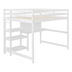 Cama alta matrimonial con escritorio, estantes de 3 niveles y tablero para escribir, cama de madera con escalera y barandillas de seguridad