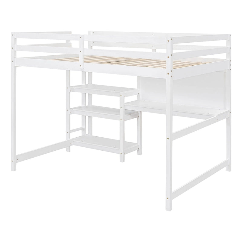 Cama alta matrimonial con escritorio, estantes de 3 niveles y tablero para escribir, cama de madera con escalera y barandillas de seguridad