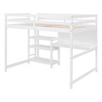 Cama alta matrimonial con escritorio, estantes de 3 niveles y tablero para escribir, cama de madera con escalera y barandillas de seguridad