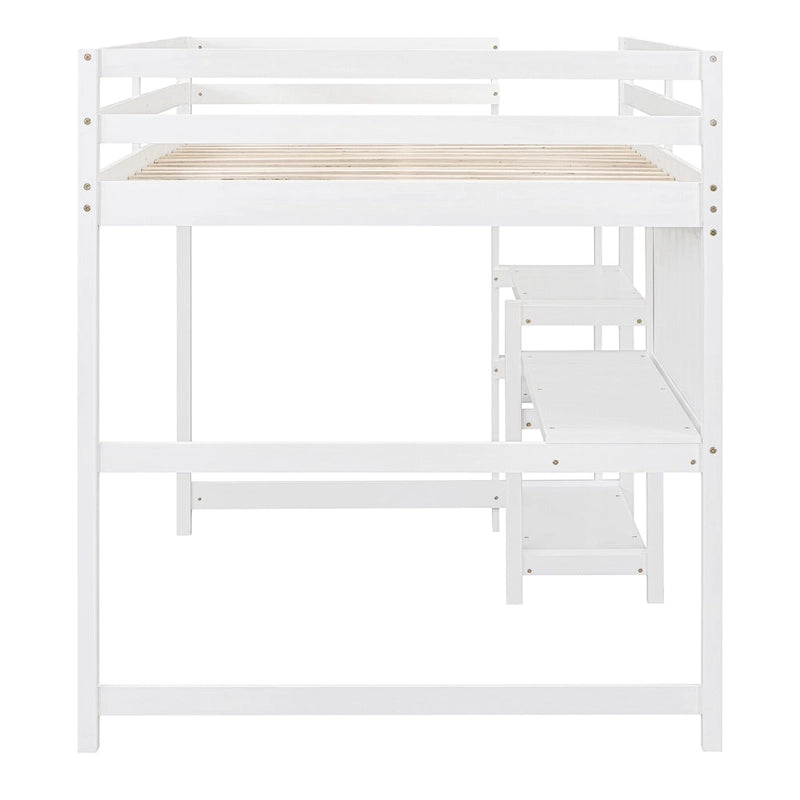 Cama alta matrimonial con escritorio, estantes de 3 niveles y tablero para escribir, cama de madera con escalera y barandillas de seguridad