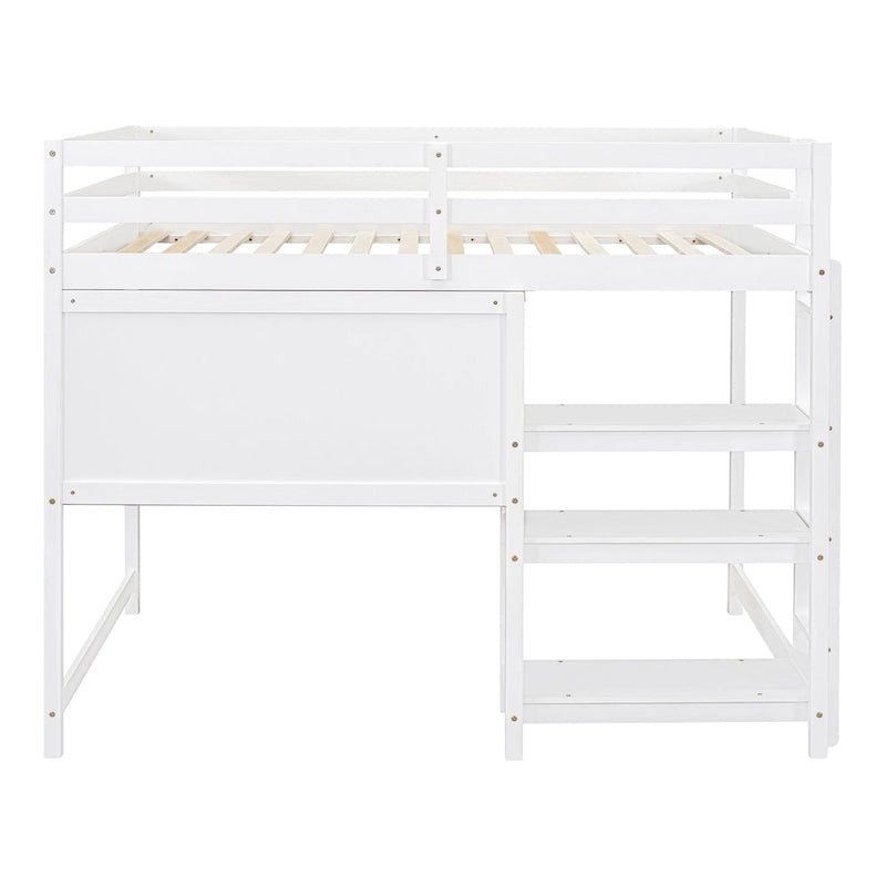 Cama alta matrimonial con escritorio, estantes de 3 niveles y tablero para escribir, cama de madera con escalera y barandillas de seguridad