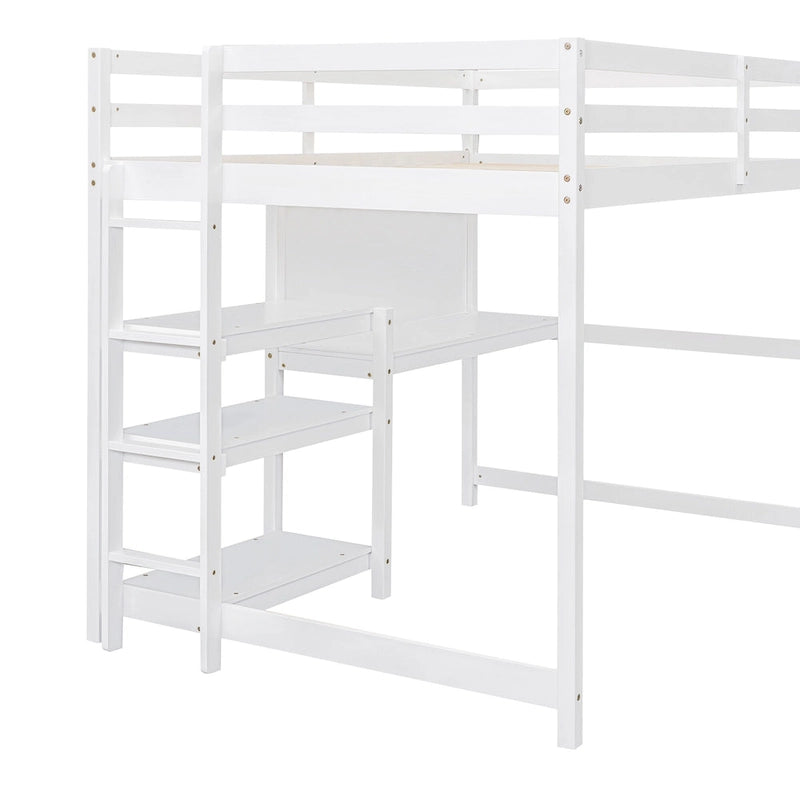 Cama alta matrimonial con escritorio, estantes de 3 niveles y tablero para escribir, cama de madera con escalera y barandillas de seguridad