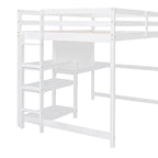 Cama alta matrimonial con escritorio, estantes de 3 niveles y tablero para escribir, cama de madera con escalera y barandillas de seguridad