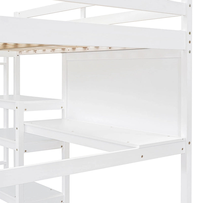 Cama alta matrimonial con escritorio, estantes de 3 niveles y tablero para escribir, cama de madera con escalera y barandillas de seguridad