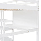 Cama alta matrimonial con escritorio, estantes de 3 niveles y tablero para escribir, cama de madera con escalera y barandillas de seguridad