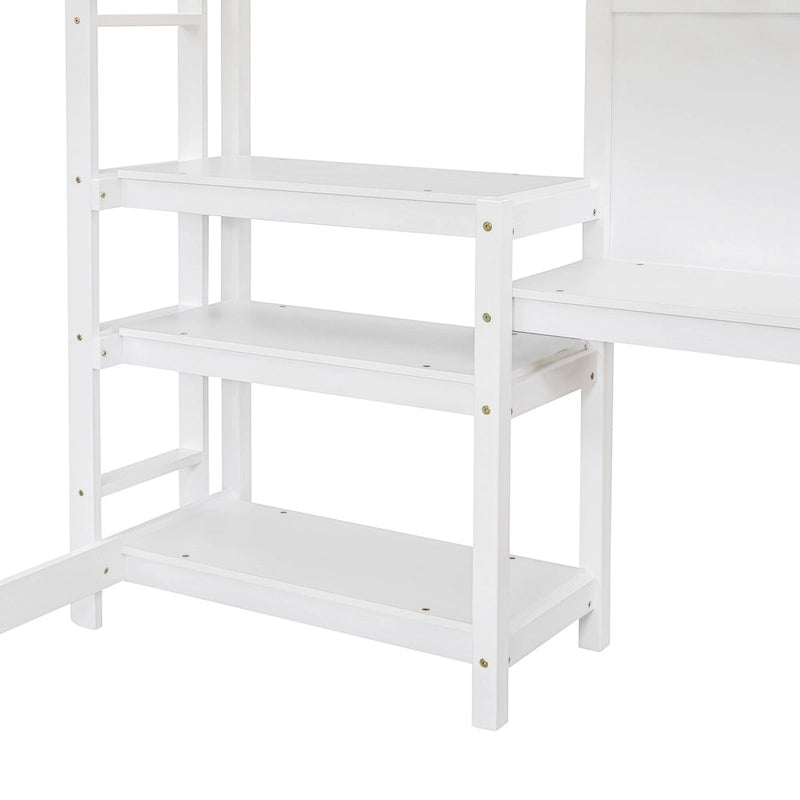 Cama alta matrimonial con escritorio, estantes de 3 niveles y tablero para escribir, cama de madera con escalera y barandillas de seguridad