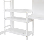 Cama alta matrimonial con escritorio, estantes de 3 niveles y tablero para escribir, cama de madera con escalera y barandillas de seguridad