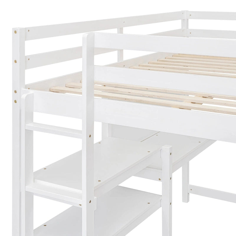 Cama alta matrimonial con escritorio, estantes de 3 niveles y tablero para escribir, cama de madera con escalera y barandillas de seguridad