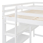 Cama alta matrimonial con escritorio, estantes de 3 niveles y tablero para escribir, cama de madera con escalera y barandillas de seguridad