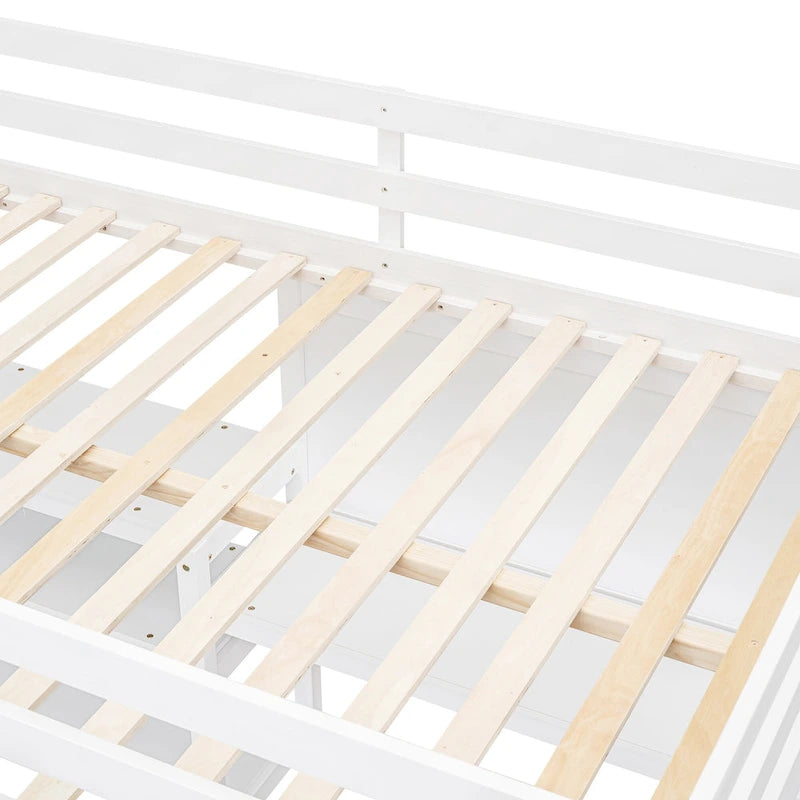 Cama alta matrimonial con escritorio, estantes de 3 niveles y tablero para escribir, cama de madera con escalera y barandillas de seguridad