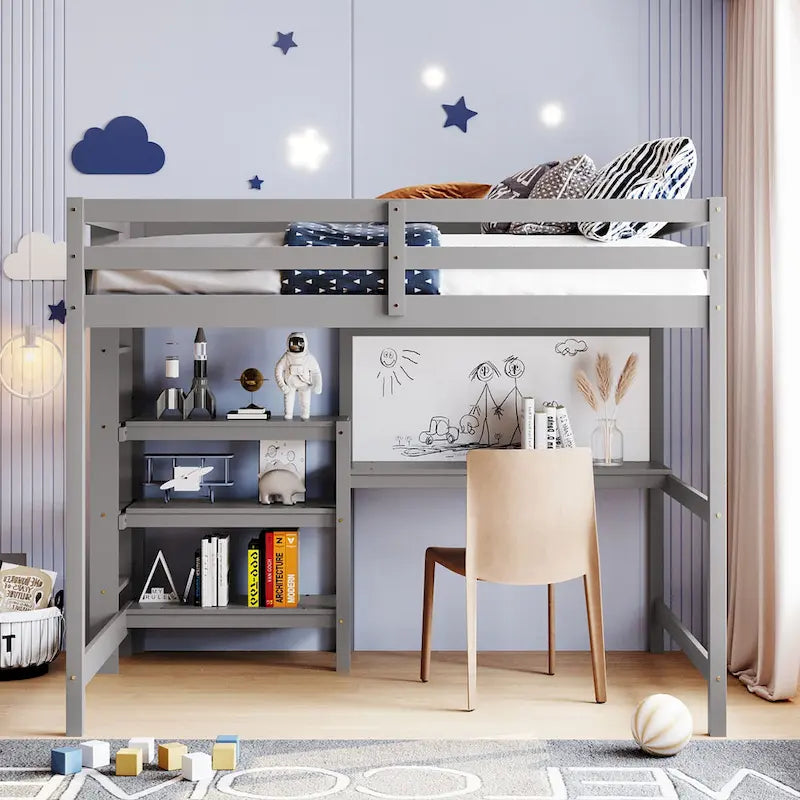Cama alta matrimonial con escritorio, estantes de 3 niveles y tablero para escribir, cama de madera con escalera y barandillas de seguridad