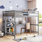 Cama alta matrimonial con escritorio, estantes de 3 niveles y tablero para escribir, cama de madera con escalera y barandillas de seguridad