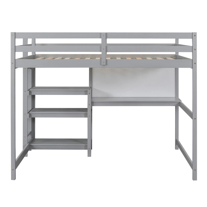 Cama alta matrimonial con escritorio, estantes de 3 niveles y tablero para escribir, cama de madera con escalera y barandillas de seguridad