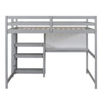 Cama alta matrimonial con escritorio, estantes de 3 niveles y tablero para escribir, cama de madera con escalera y barandillas de seguridad