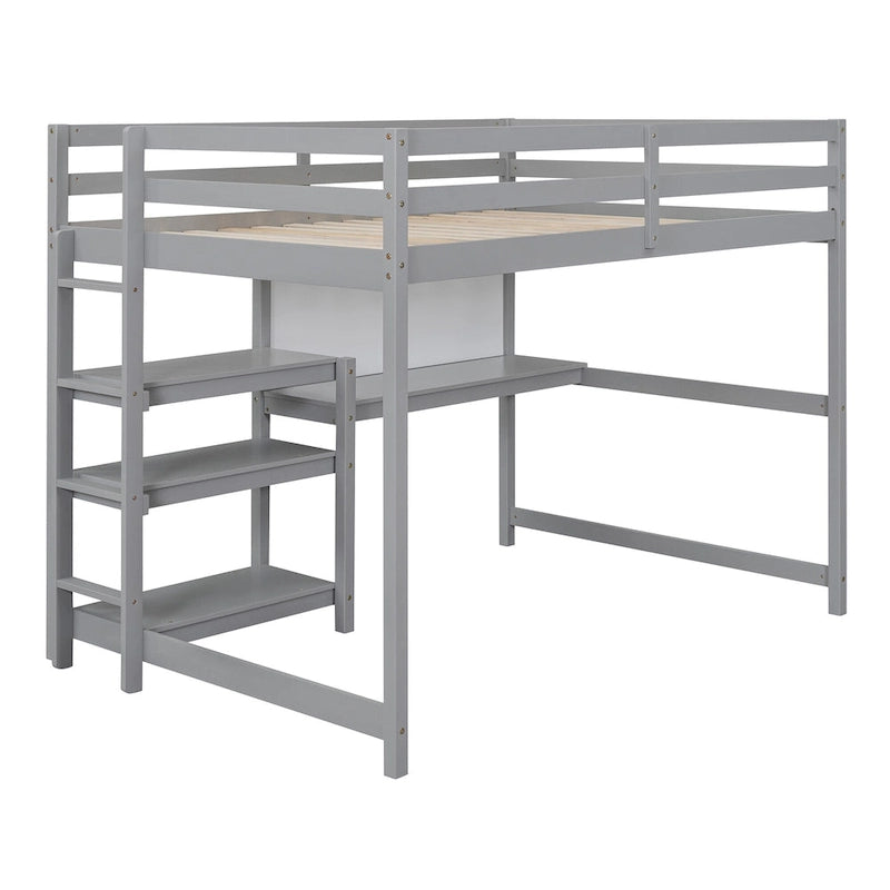 Cama alta matrimonial con escritorio, estantes de 3 niveles y tablero para escribir, cama de madera con escalera y barandillas de seguridad