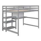 Cama alta matrimonial con escritorio, estantes de 3 niveles y tablero para escribir, cama de madera con escalera y barandillas de seguridad