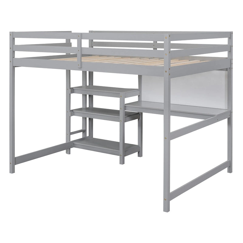 Cama alta matrimonial con escritorio, estantes de 3 niveles y tablero para escribir, cama de madera con escalera y barandillas de seguridad