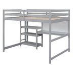 Cama alta matrimonial con escritorio, estantes de 3 niveles y tablero para escribir, cama de madera con escalera y barandillas de seguridad