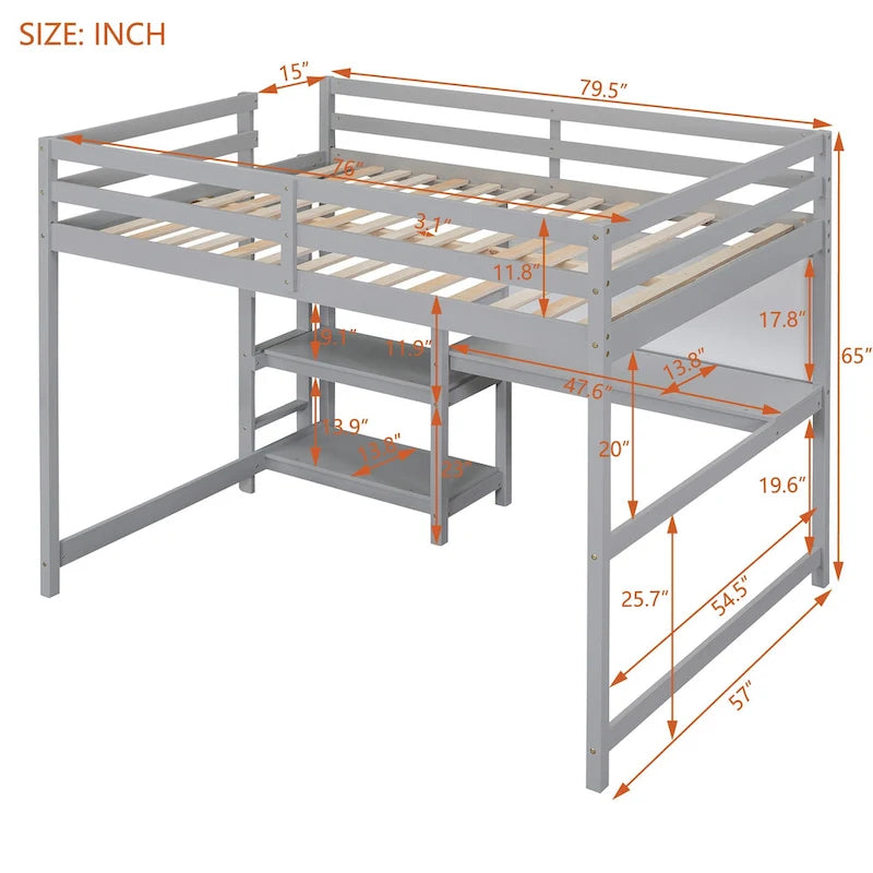 Cama alta matrimonial con escritorio, estantes de 3 niveles y tablero para escribir, cama de madera con escalera y barandillas de seguridad