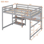 Cama alta matrimonial con escritorio, estantes de 3 niveles y tablero para escribir, cama de madera con escalera y barandillas de seguridad